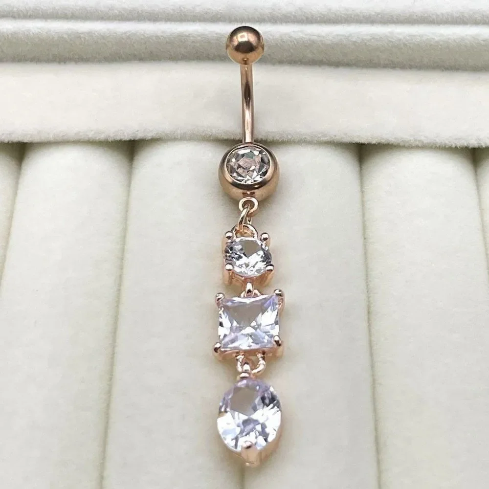 316L Stainless Steel with White Diamond Cubic Zirconia Dangling 14G Belly Ring